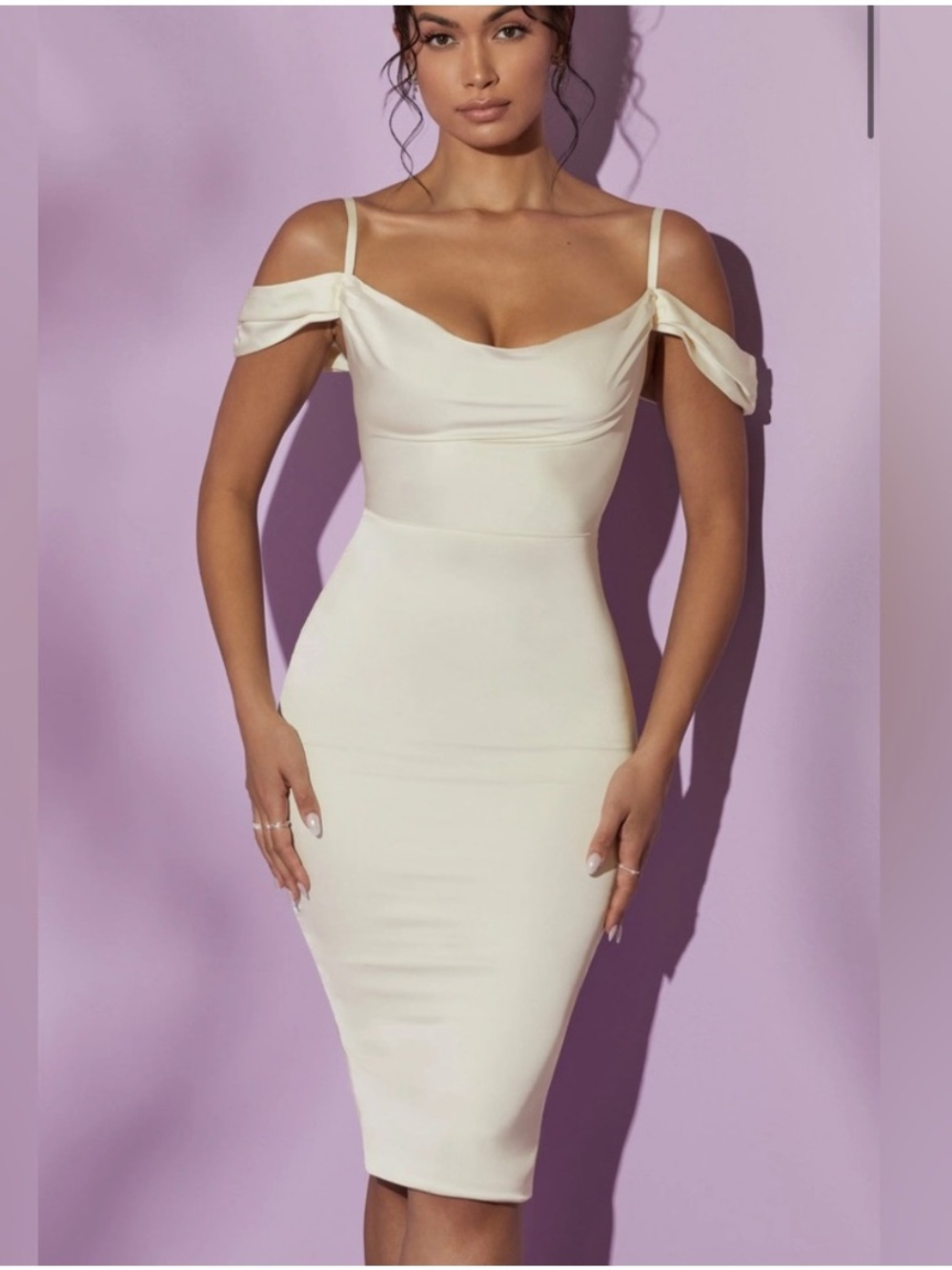 NWT Og Polly Off-Shoulder Satin Cream Bodycon Dress with Draped Straps - XS UK6
